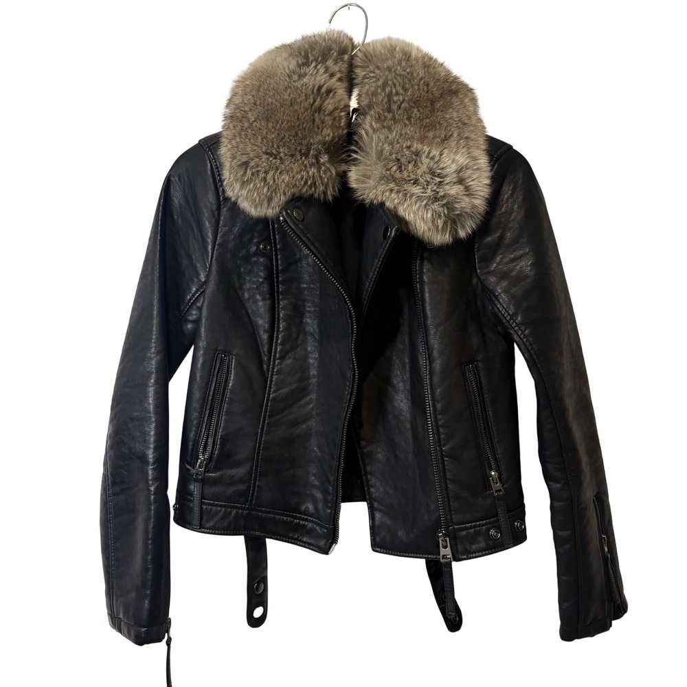 Topshop Womens Faux Leather Biker Jacket Faux Fur Collar Moto Punk Coat US 2